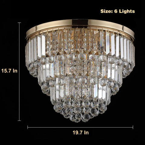 Modern K9 Crystal Gold Flush Mount Chandelier With 6 Lights, 3 Tier Round Ceiling Fixture, Crystal Raindrops Sparkle, Brass Gold Finish