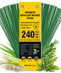 Citronella Mosquito Repellent Incense Sticks 240 Pack For Outdoor Patio And Garden Safe For Yard Camping Fishing Plant Based Natural DEET Free Pet Friendly Indoor Use with packaging and ingredients.