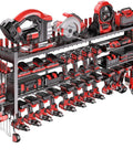 49.8 Inch Wide Heavy Duty Power Tool Organizer Wall Mount with Four Shelves, 18 Cordless Drill Holders, Black, installed view