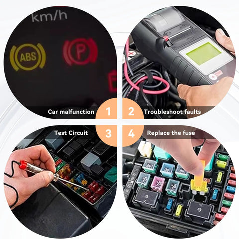 Grab This Essential Mini Blade Fuse Assortment Kit With An Integrated Extractor Tool For Hassle Free Under Hood Electrical Fixes That Let You Swap Blown Fuses In A Flash And Keep Your Rig Humming. Illustration of car maintenance steps: checking malfunctions, troubleshooting, testing circuit, and replacing fuse.