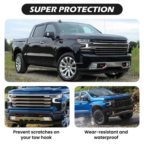 Extended Tow Hook Covers Front Kit For Silverado 1500 2007 To 2026 And GMC Sierra 1500 2007 To 2019 Red Front Tow Hook Covers For Chevy Silverado Exterior Accessories Easy Install showing installation and benefits on Silverado trucks.