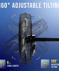Side view of 18 Inch High Velocity Industrial Wall Fan With TEAO Enclosure Motor 4000 CFM 3 Speed showing 360-degree adjustable tilting.