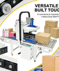 Full Automatic Double Flap Box Sealer With Servo Motor Self Adjusts To Carton Sizes Instantly For High Speed Logistics And Ecommerce Packaging Lines Handles Up To 1000 Boxes Per Hour Effortlessly on a production line with various boxes.