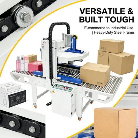 Full Automatic Double Flap Box Sealer With Servo Motor Self Adjusts To Carton Sizes Instantly For High Speed Logistics And Ecommerce Packaging Lines Handles Up To 1000 Boxes Per Hour Effortlessly on a production line with various boxes.