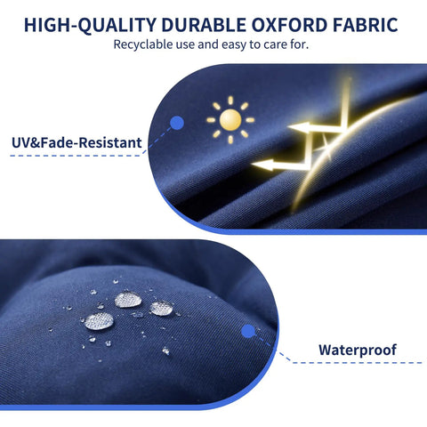 Close-up of navy waterproof and UV fade-resistant fabric, highlighting durability of Outdoor Bench Cushion 48 By 18 By 5 Inch.