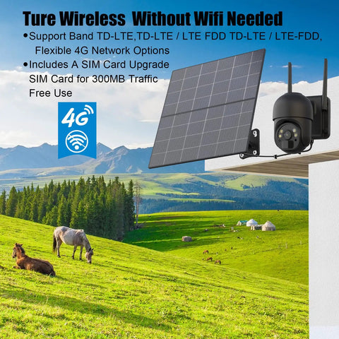 Outdoor Cellular Security Camera No WiFi Required 4G Solar Powered With 20W Solar Panel mounted in rural landscape