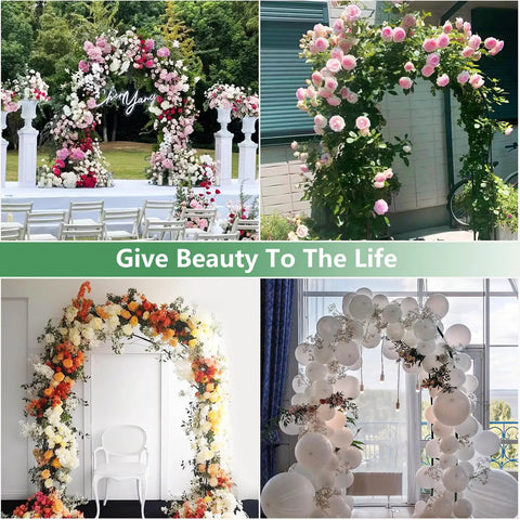 Four decorative arches with colorful flowers demonstrating the versatility of the Sturdy Iron Garden Pergola Arbor in various settings.