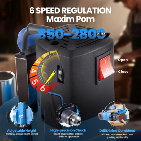 Close-up of Mini Benchtop Drill Press Kit With 16 Piece All Material Drill Bits, showcasing 6 speed regulation and controls.