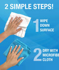 Two hands demonstrating cleaning steps using Wood Surface Cleaning Wipes For Cabinets, Furniture, And Floors Quick Dirt Grime Removal Shine And Protect Finish Safe On Oak Maple Walnut And More Great For Kitchen And Bath Surfaces 30 Count.