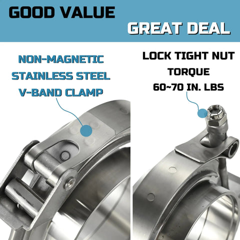 2.5 Inch Quick Release V Band Clamp And Flange Pair For Exhaust Turbo Downpipe Built With Beefy 304 Stainless Steel And Heavy Duty Hardened T Bolts To Keep Your Setup Hog Tied And Leak Free