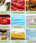 Various viscous liquids displayed, including milk, chili sauce, honey, and shampoo for use in Horizontal Pneumatic Paste Liquid Filling Machine With Heating And Stirring Function Stainless Steel Dual Nozzle 100 To 1000 Ml Capacity Solid Build For Hassle Free Commercial Production 110 Volt.