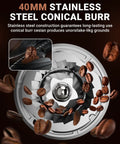 Conical Burr Coffee Grinder With 40mm Stainless Steel Burrs, showing the grinding mechanism and coffee beans around it.