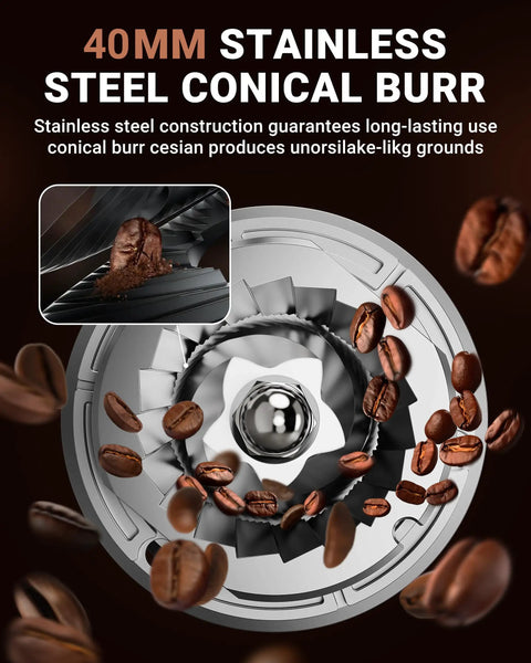 Conical Burr Coffee Grinder With 40mm Stainless Steel Burrs, showing the grinding mechanism and coffee beans around it.