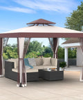 10x10 Outdoor Canopy Tent With UV Resistant Waterproof Top 2 Tier Vent Sturdy Patio Shelter With Removable Netting Ideal For Camping Backyard Parties Garden Grilling Beige And White