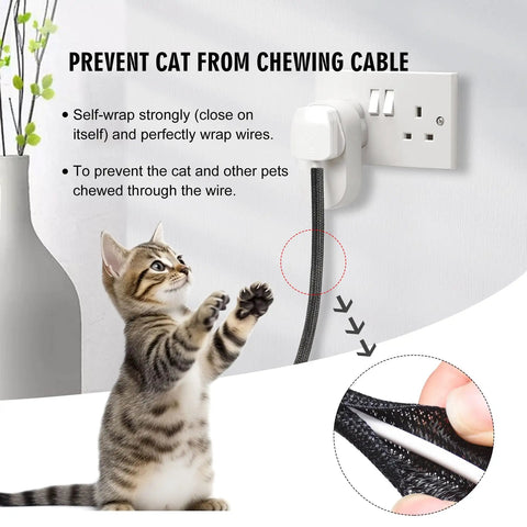No Sweat 10 Foot 1/2 Inch Black Cable Sleeve Split Wire Loom Tubing wrapped around wires to prevent pets from chewing.