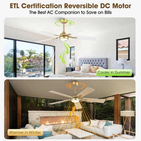 52 Inch White Gold Ceiling Fan With Light And Remote DC Motor 6 Speeds Reversible Dimmable 3CCT LED in bedroom and living room.