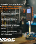 Front view of NAVAC NMV1S digital vacuum gauge with large backlit display in orange/black housing