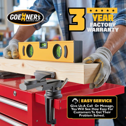 Clamp-on bench vise gripping a wooden board on a red workbench, with a yellow spirit level resting on top.