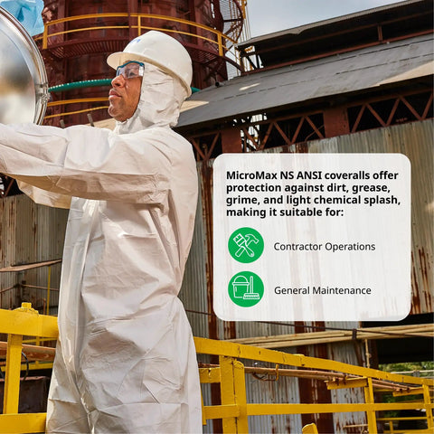 Worker wearing MicroMax Protective Disposable Coverall For Painting And Cleaning Jobs With Respirator Fit Hood White 4X Large