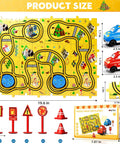 Puzzle Racer Car Track Set for Kids Ages 3 to 6 With 48 Pieces and 2 Cars, 6 Road Signs, in packaging with size dimensions.