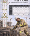 Workhorse Flame Resistant Coveralls Featuring Bold High Visibility Striping And Soft Cotton Nylon Blend For Straight Up Comfortable Daily Hazardous Environment Safety Wear size chart and usage in construction.