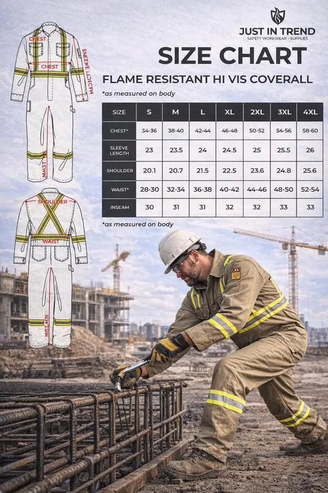 Workhorse Flame Resistant Coveralls Featuring Bold High Visibility Striping And Soft Cotton Nylon Blend For Straight Up Comfortable Daily Hazardous Environment Safety Wear size chart and usage in construction.