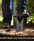 Person using Heavy Duty Workhorse Shovel With 58 Inch Length, Rust Resistant High Carbon Steel Blade for digging in garden