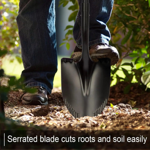 Person using Heavy Duty Workhorse Shovel With 58 Inch Length, Rust Resistant High Carbon Steel Blade for digging in garden