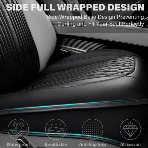 Side view of All Season Waterproof Nappa Leather Car Seat Protector and Seat Saver with Sideless Design in black, in a vehicle.