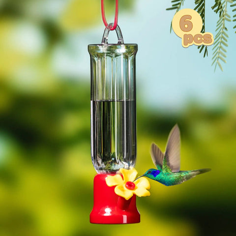 Set Of 6 Mini Hummingbird Feeders With Hanging Wires, Transparent Outdoor Hummingbird Feeder Set With Flower Shaped Sipping Outlet, Includes 3 Cleaning Brushes For Easy Cleaning On Patio, Lawn, Garden And Backyard.