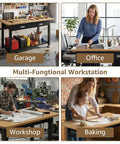 Multi-functional use of Beast Heavy Duty Work Bench With Drawer And Storage; setups include garage, office, workshop, baking.