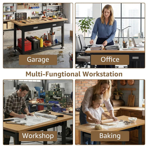 Multi-functional use of Beast Heavy Duty Work Bench With Drawer And Storage; setups include garage, office, workshop, baking.