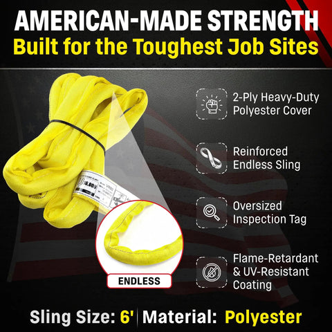 Job Site Ready Heavy Duty Endless Round Polyester Rigging Sling Six Feet Long with yellow handles displayed, highlighting durable features.