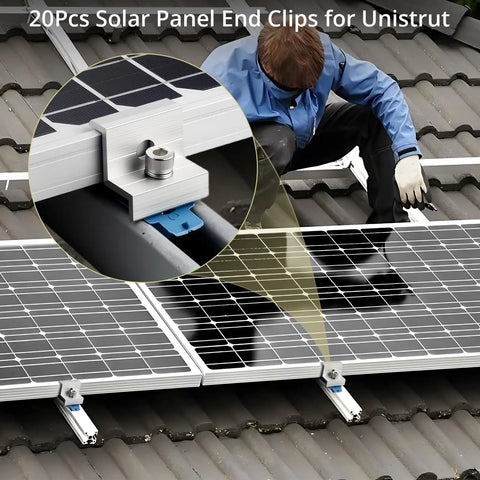 Installation of Solar Panel End Clamp Pack Of 20 For Standard Unistrut 30mm 35mm Aluminum Silver With 304 Stainless Steel Screws