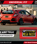 Rear view of red sports car with Slim Mirror Chrome License Plate Frames 2 Pack For Front And Rear Whips, showing license plate.