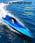Brushless RC Boat For Adults And Teens 35 KPH Crazy Fast High Speed Remote Control Boat on water with speed options visible