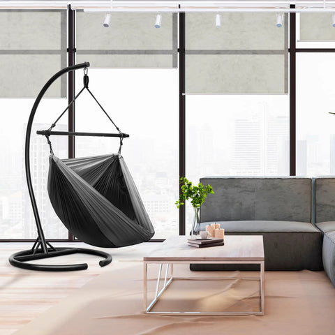 Hanging Hammock Chair Outdoor Swing For Camping And Travel in modern room, collapsible tree pod style with metal stand