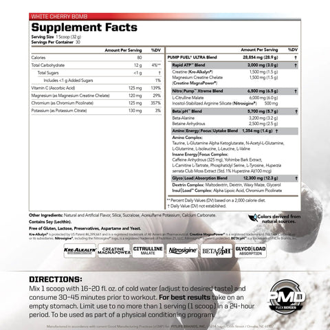 Nutrition facts and supplement information for Ultra Insanity Premium Pre Workout Powder For Explosive Muscle Pump.