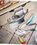 Anneome stainless steel fish cleaning clamp mounted on a tackle box; deep mouth design for secure grip