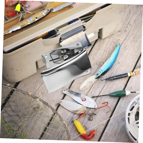Anneome stainless steel fish cleaning clamp mounted on a tackle box; deep mouth design for secure grip