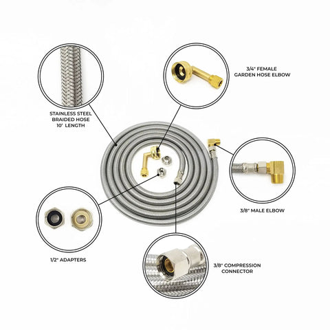 4 Foot Stainless Steel Braided Dishwasher Installation Kit With Three Eighths Inch Compression Fittings Swivel Elbow And MIP Connector