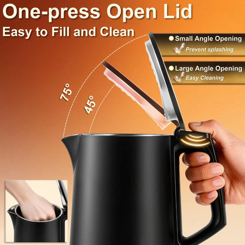 Compact 0.8L Travel Electric Kettle With Double Wall 304 Stainless Steel Auto Shut Off Portable Kettle shown with open lid angles