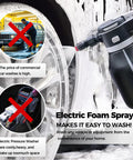 Vssoc 2L Cordless Electric Foam Sprayer For Car Wash spraying thick suds on a tire, showcasing ease of use without pressure washer.