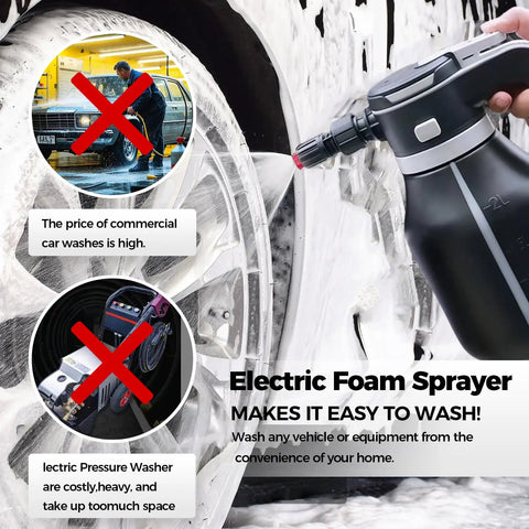 Vssoc 2L Cordless Electric Foam Sprayer For Car Wash spraying thick suds on a tire, showcasing ease of use without pressure washer.