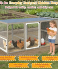 Child beside large outdoor chicken coop with run for 6 to 8 chickens two tier side nesting boxes four lockable egg doors.