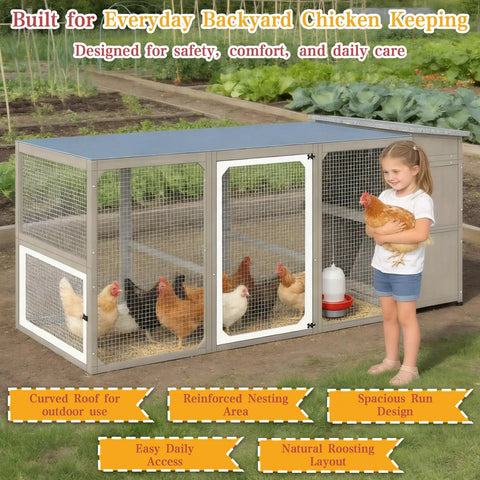 Large 93.6 Inch Backyard Chicken Coop with Run for 6 to 8 Hens shown with a child holding a chicken, featuring spacious design.