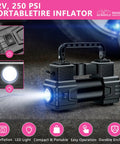Must Have Portable Car Emergency Kit With 12V Air Compressor Jumper Cables First Aid Auto Tool Set Roadside Safety Gear Winter Driving Essentials Hot Pink Kit For Women Men Teens showing 12V portable tire inflator with LED light.