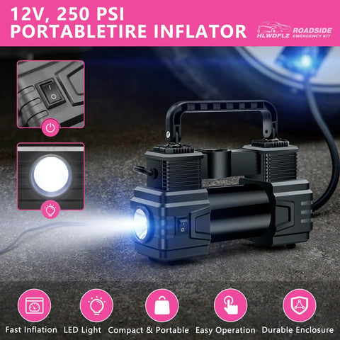 Must Have Portable Car Emergency Kit With 12V Air Compressor Jumper Cables First Aid Auto Tool Set Roadside Safety Gear Winter Driving Essentials Hot Pink Kit For Women Men Teens showing 12V portable tire inflator with LED light.