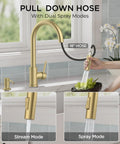 FORIOUS Gold Touch Kitchen Faucet with Pull Down Sprayer, Single Hole shown with 18-inch hose in stream and spray modes.