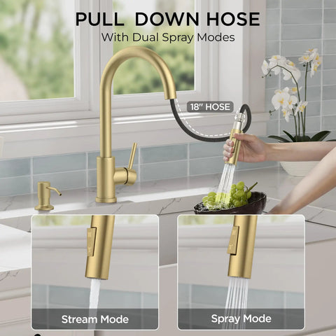 FORIOUS Gold Touch Kitchen Faucet with Pull Down Sprayer, Single Hole shown with 18-inch hose in stream and spray modes.